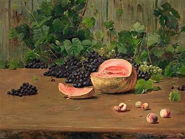 Opstilling Pa Et Bord Med Melon, Bla Og Gronne Druer Samt Ferskner Oil Painting by Carl Carlsen