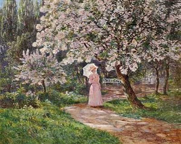 Dame I Lyserodt Staende Under Et Blomstrende Kirsebaertrae. I Baggrunden Er Hendes Veninder Pa Vej Vaek Oil Painting by Carl Carlsen