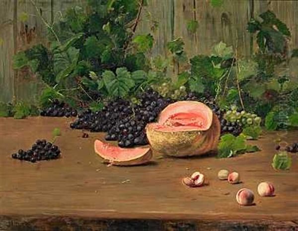 Opstilling Pa Et Bord Med Melon, Bla Og Gronne Druer Samt Ferskner Oil Painting by Carl Carlsen