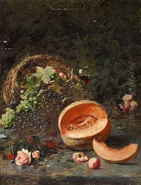 Opstilling Med Druer, Blomster Og Melon Oil Painting by Carl Carlsen