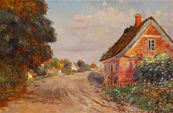 Grusvej Gennem En Landsby (fra Hellebaek?) Oil Painting by Carl Carlsen