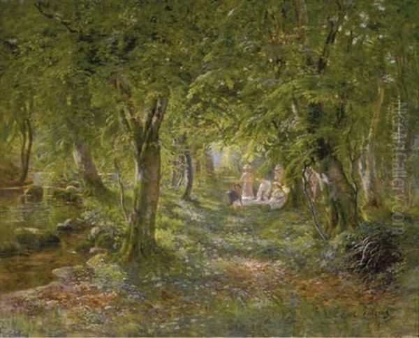 Figures Picnicing In A Forest Interior Oil Painting by Carl Carlsen