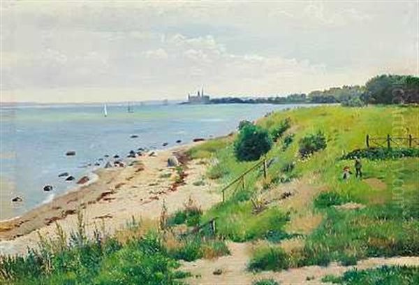 Kystlandskab Ved Hellebaek Med Kronborg I Baggrunden Oil Painting by Carl Carlsen