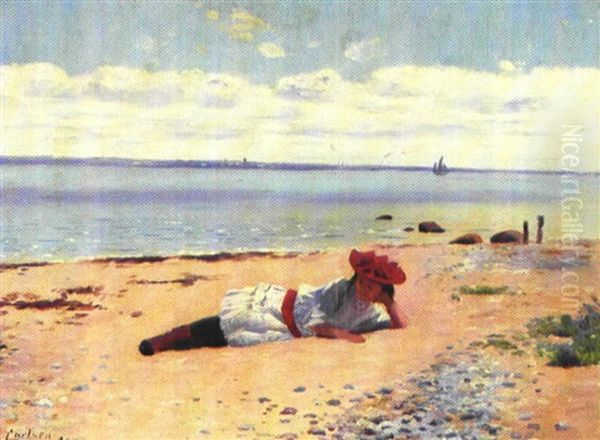 Pige Pa Stranden En Sommerdag Oil Painting by Carl Carlsen