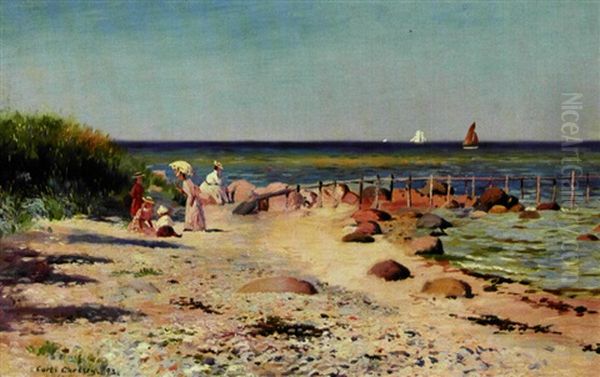 Elegante Unge Piger Og Born Pa Stranden Oil Painting by Carl Carlsen