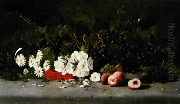 Opstilling Med Blomster Og Druer Pa Et Bord Oil Painting by Carl Carlsen