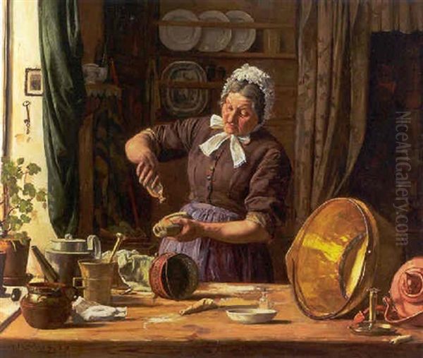 Interior Med Kvinde, Der Pudser Messingtoj Oil Painting by Carl Carlsen