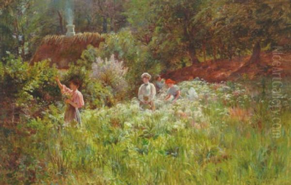 Sommerdag I Skoven Med Unge Piger, Der Plukker Blomster Oil Painting by Carl Carlsen