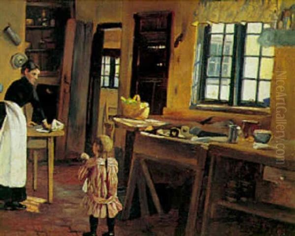 Interior Fra Et Kokken, En Lille Pige Viser Sin Mor En Dukke Oil Painting by Carl Carlsen