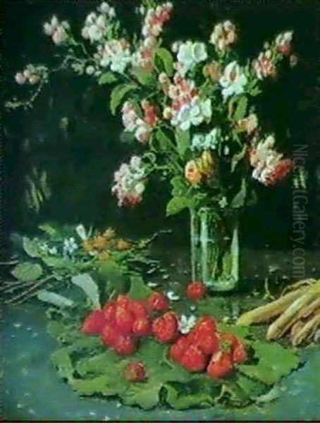 Opstilling Med Blomster, Hindbaer Og Jordbaer Oil Painting by Carl Carlsen