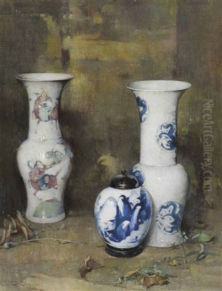 Ming Vases (and Ginger Jar) Oil Painting by Emil Carlsen