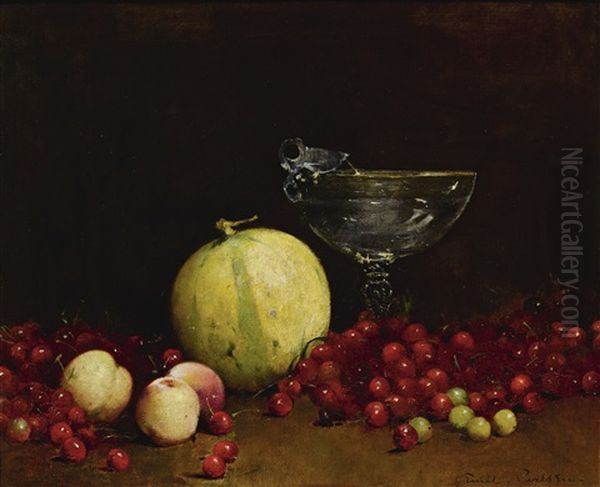 Still Life With Cherries, Melon And Nectarines Oil Painting by Emil Carlsen