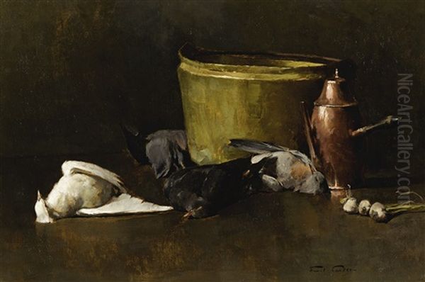 Still Life - Brass Bowl, Copper Coffee Pot And Pigeons Oil Painting by Emil Carlsen