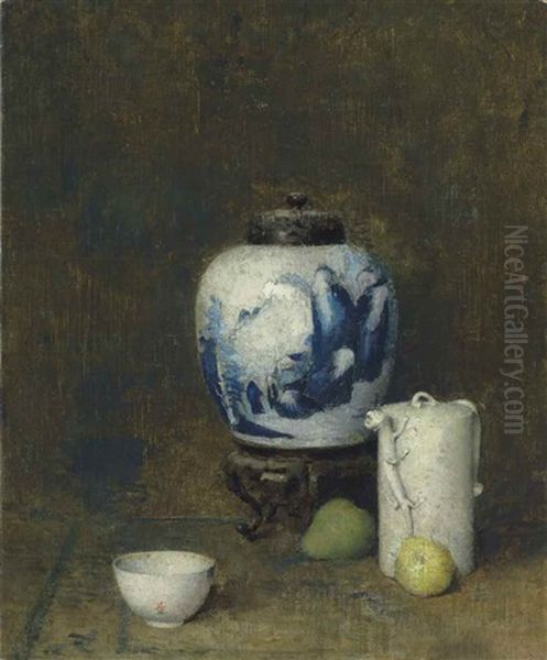 Still Life With Blue Vase Oil Painting by Emil Carlsen