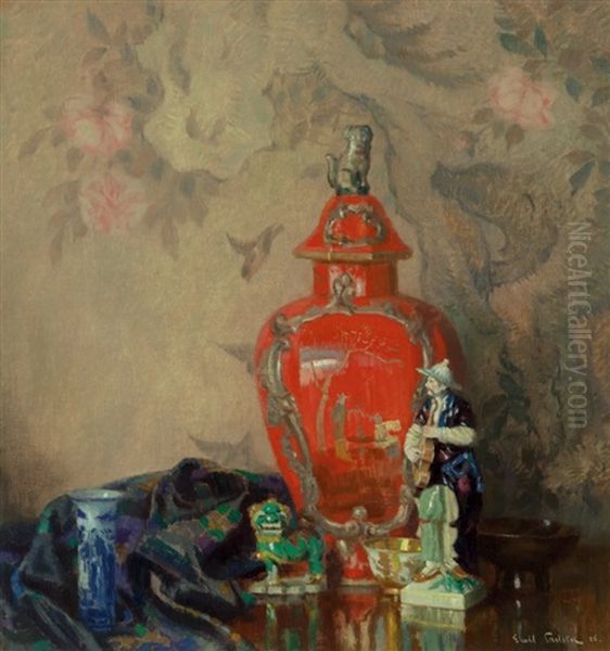 Still Life With Red Urn And Asian Figurines Oil Painting by Emil Carlsen