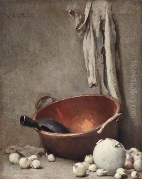 Copper Bowl, White Vase, Cloth And Onions Oil Painting by Emil Carlsen