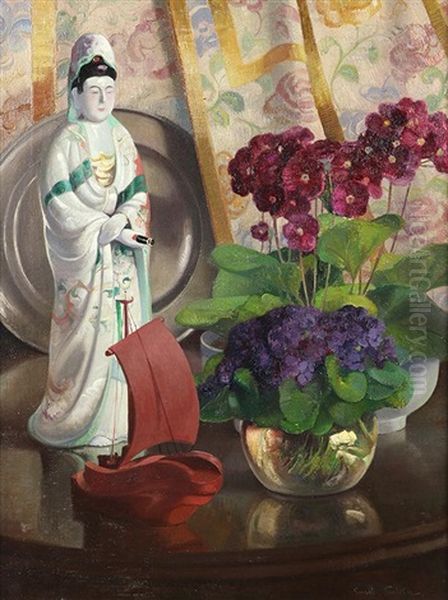 Still Life With Flowers And Asian Figurine Oil Painting by Emil Carlsen