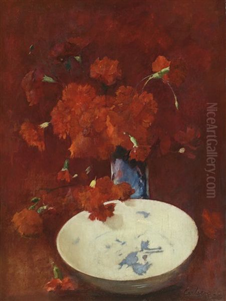 Red Carnations And Delft (red Carnations) Oil Painting by Emil Carlsen