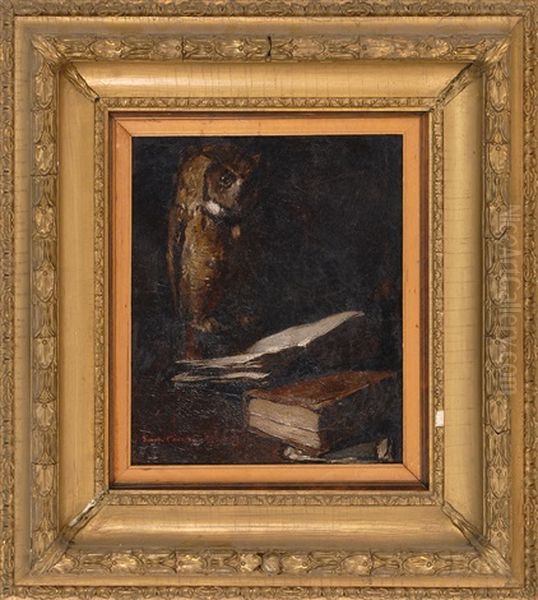 Still Life Of An Owl And A Book Oil Painting by Emil Carlsen