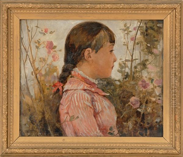 Side Profile Of A Young Girl Amongst Flowers Oil Painting by Emil Carlsen