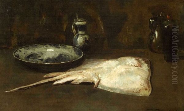 Still-life Of A Skate With Delft Dish, Pitcher And Glass Tablewares Oil Painting by Emil Carlsen