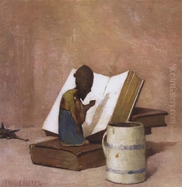 A Still Life With A Figurine, Books, Keys And A Mug Oil Painting by Emil Carlsen