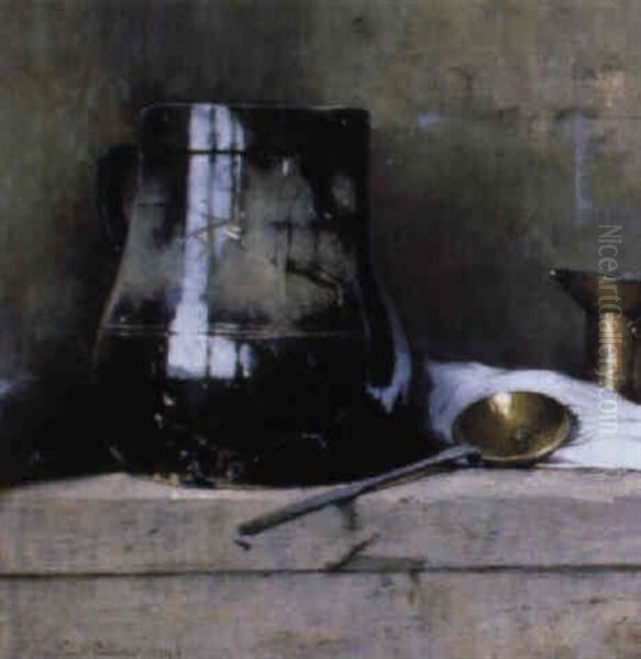 Still Life With Black Jug And Copper Spoon Oil Painting by Emil Carlsen