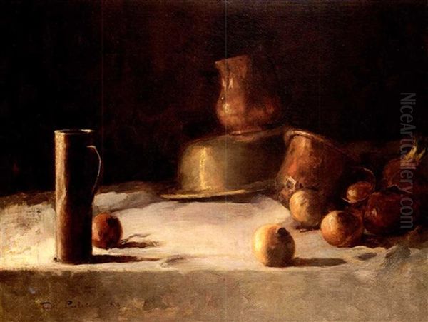 Still Life With Brass And Copper Pots, Onions And An        Apple On A White Cloth Oil Painting by Emil Carlsen