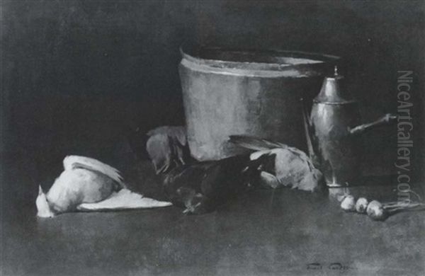 Still Life: Brass Bowl, Copper Coffee Pot, And Pigeons Oil Painting by Emil Carlsen