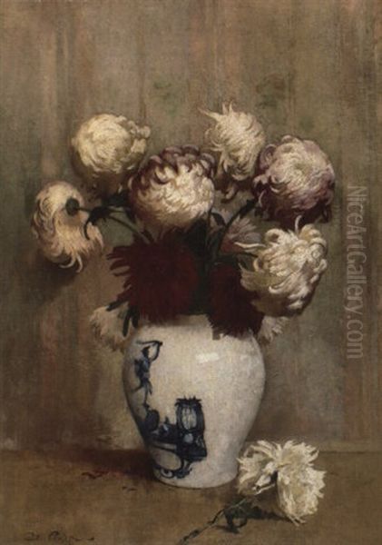 Mums In An Oriental Vase Oil Painting by Emil Carlsen