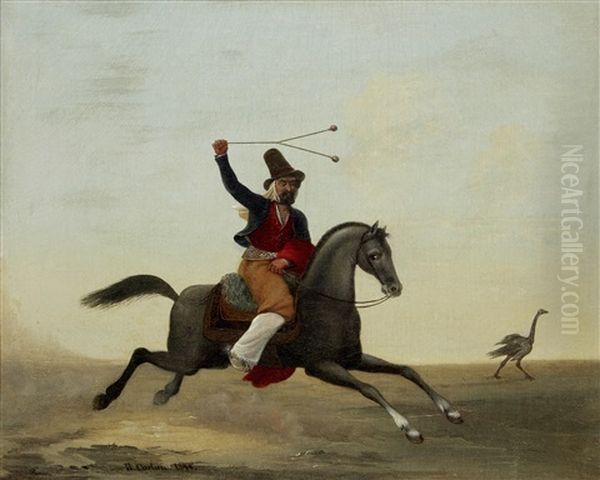 A Gaucho Hunting A Rhea On The Pampas Oil Painting by Rudolph Carlsen