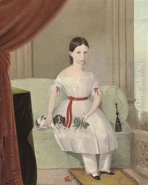 Portrait Of A Young Girl In A White Dress And Red Sash, A Spaniel To Her Side Oil Painting by Rudolph Carlsen