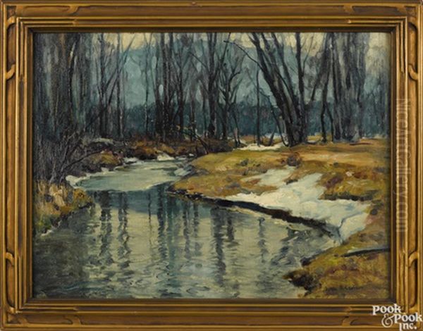 Reflections: Study For Melting Ice-floes Ausable River Keene Valley N.y. Oil Painting by John Fabian Carlson