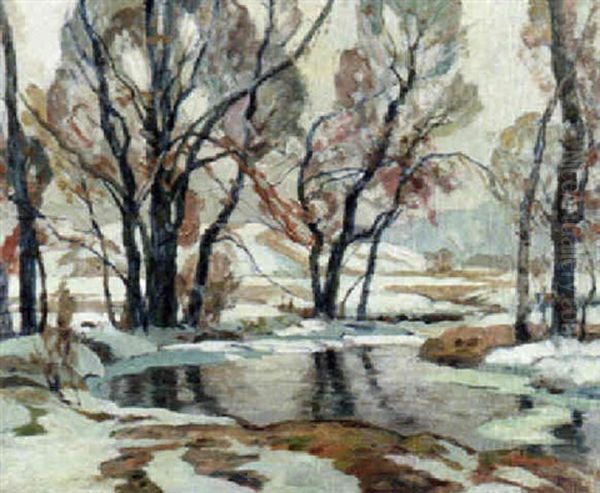 Stream In A Winter Landscape Oil Painting by John Fabian Carlson