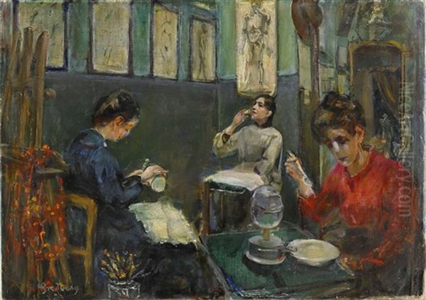 Academie Julian (stora Dame Ateliern) Med Mademoiselle Beson Som Dricker Ur Sitt Glas Oil Painting by Mina Carlson-Bredberg