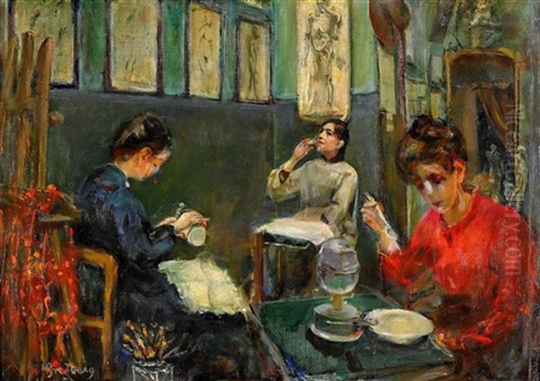 Academie Julian (stora Dame Ateliern) Med Mademoiselle Beson Som Dricker Ur Sitt Glas Oil Painting by Mina Carlson-Bredberg