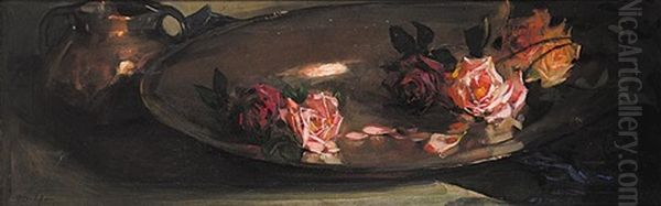 Roses And Brass Oil Painting by Florence Carlyle