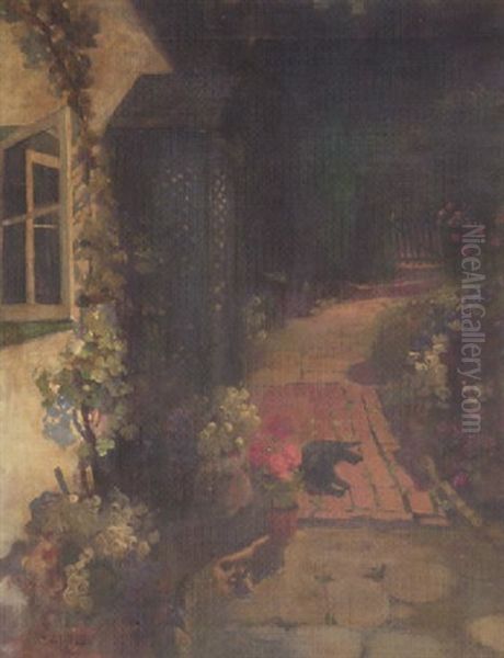 Cottage Garden With Black Cat Oil Painting by Florence Carlyle