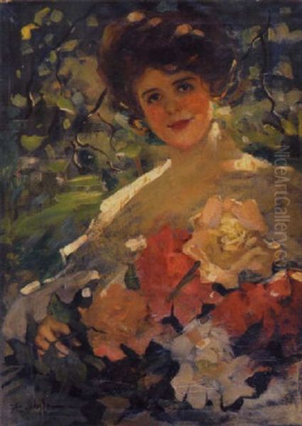 Girl With A Bouquet Of Flowers Oil Painting by Florence Carlyle