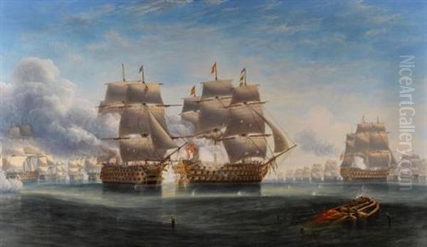 The Opening Engagement At Trafalgar; H.m.s. 'royal Sovereign' Raking The Stern Of The Spanish Flagship 'santa Ana Oil Painting by John Wilson Carmichael