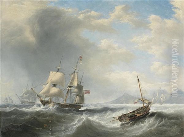 A 'squadron Of The Red' Of The Royal Navy Wallowing In Heavy Seas In Table Bay, The Flagship Making A Signal And The Frigate Nearest Inshore Signalling Her Reply Oil Painting by John Wilson Carmichael