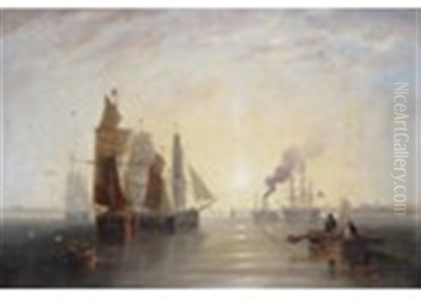 Shipping In A Calm Sea Off The Coast, A Pier Beyond Oil Painting by John Wilson Carmichael