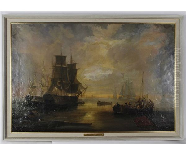 Shipping Becalmed Oil Painting by John Wilson Carmichael