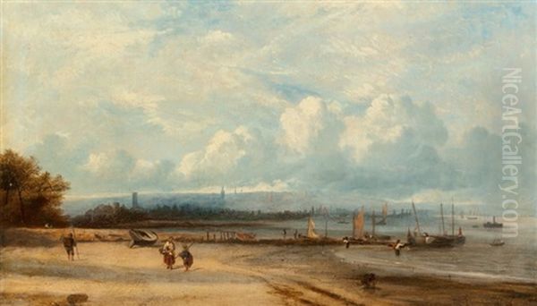 Fishing Boats Along The Beach Oil Painting by John Wilson Carmichael