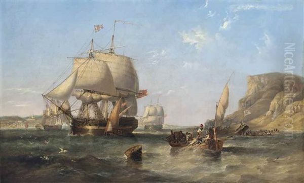 Hms Donegal, 74-guns, Flying The Flag Of Rear-admiral Sir John Ommanney, Heading Down The Tagus Past The Church Of Santa-engracia, The River Crowded With Small Craft Including A Portuguese Royal Barge, And The Vessel Astern Of The Flagship Almost Certainl Oil Painting by John Wilson Carmichael