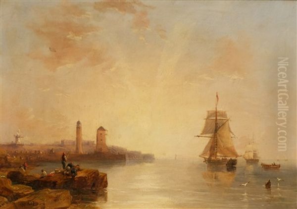 Sailship Arriving At The Port Oil Painting by John Wilson Carmichael