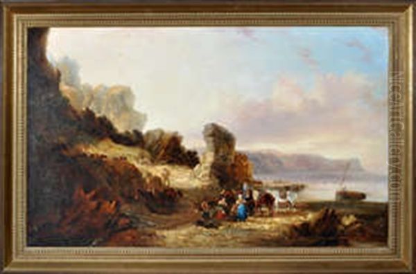 A Coastal Scene With Fisherfolk And Ponies Bringing A Catch Up From The Beach Oil Painting by John Wilson Carmichael