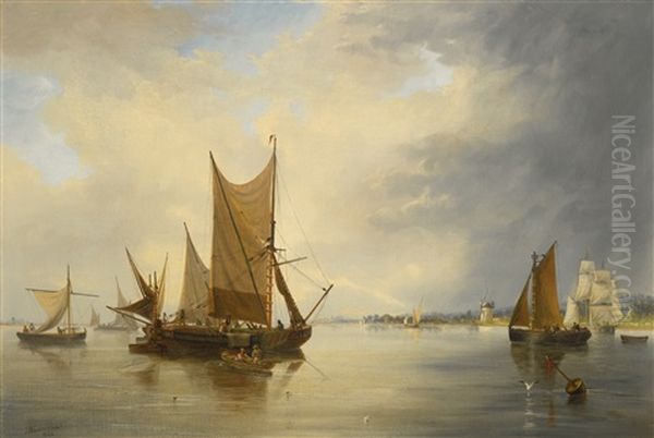 Merchant Shipping Off Shore In A Calm Oil Painting by John Wilson Carmichael