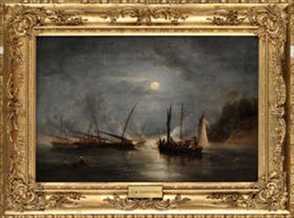 Slave Boats Surprised In A Moonlit Coastal Setting Oil Painting by John Wilson Carmichael