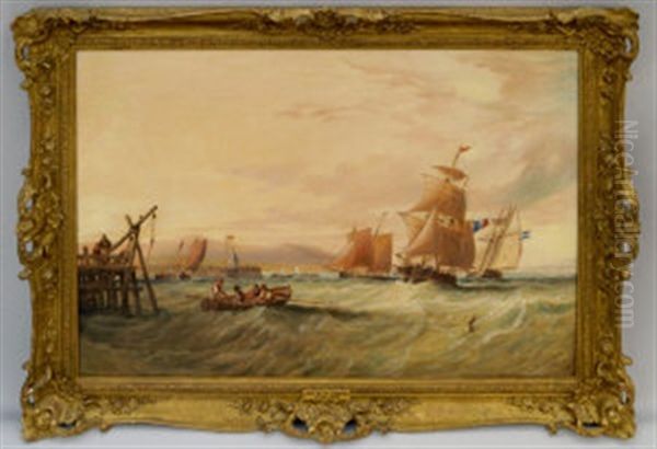 French Vessels Shipping Off A Jetty Oil Painting by John Wilson Carmichael